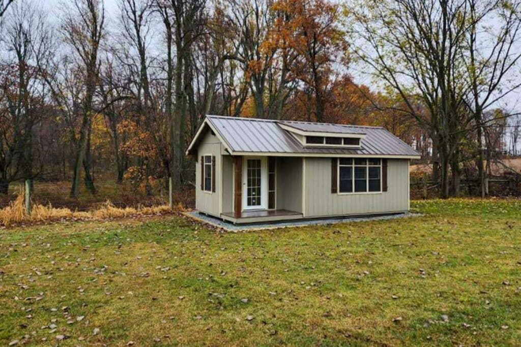 Grey Garden Oasis Shed against Indiana Woods