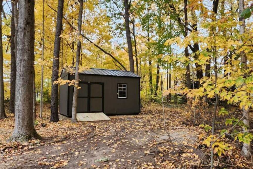 Garden Shed Prices in Indiana, Brown Garden Shed in Indiana Woods in Autumn