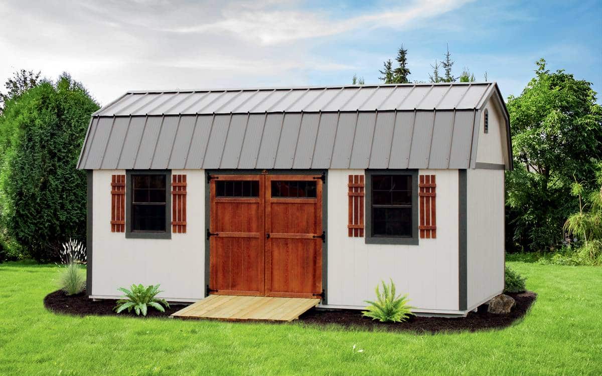 Graphic of white lofted garden shed in backyard