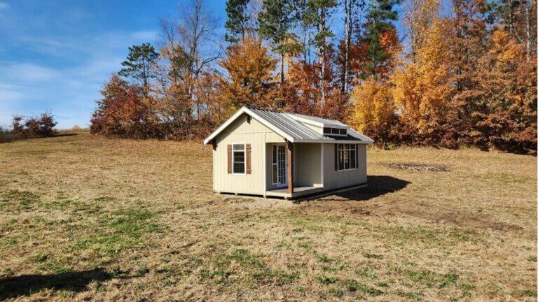 Backyard office by fall trees