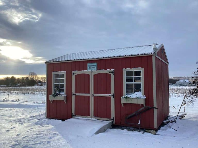 Red shed in backyard with snow