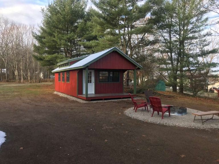 Shed in backyard by fire pit