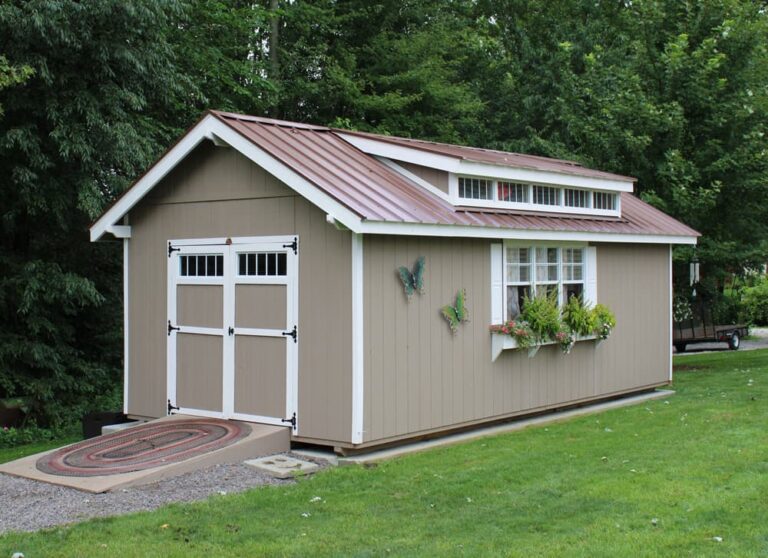 Customized shed in backyard with flowerpots