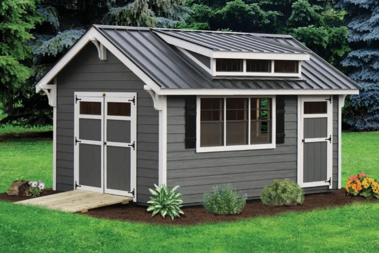 Grey Utility Shed in Backyard, Elite Series