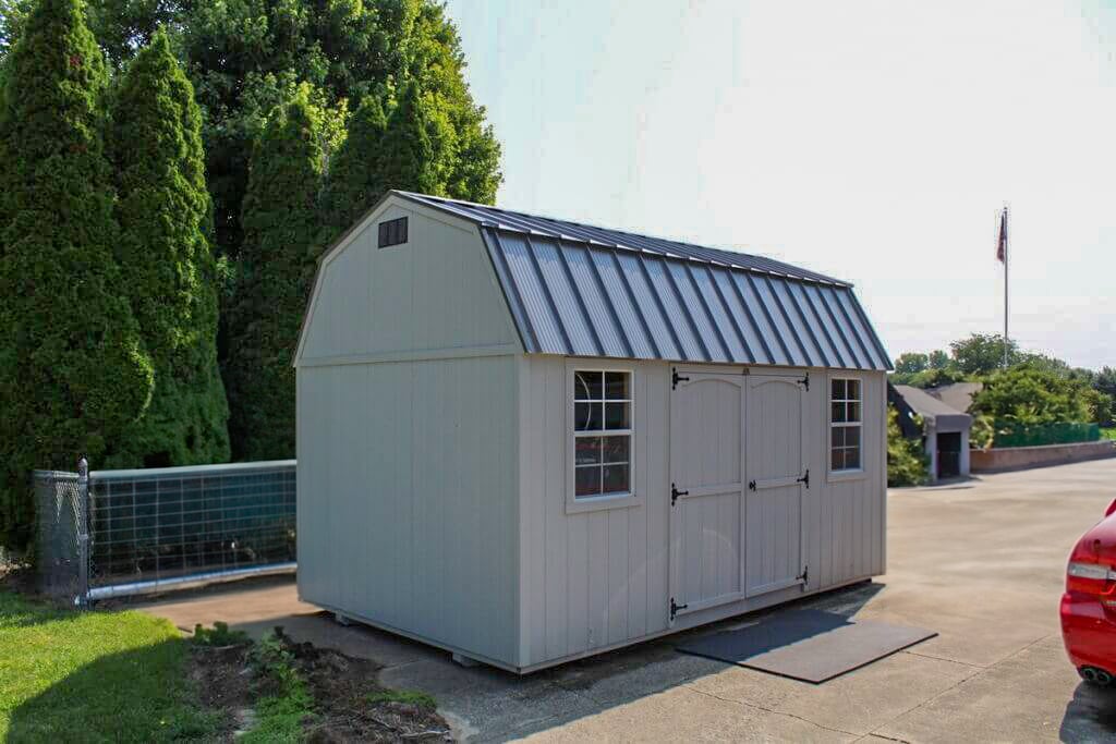 gray shed with metal roof