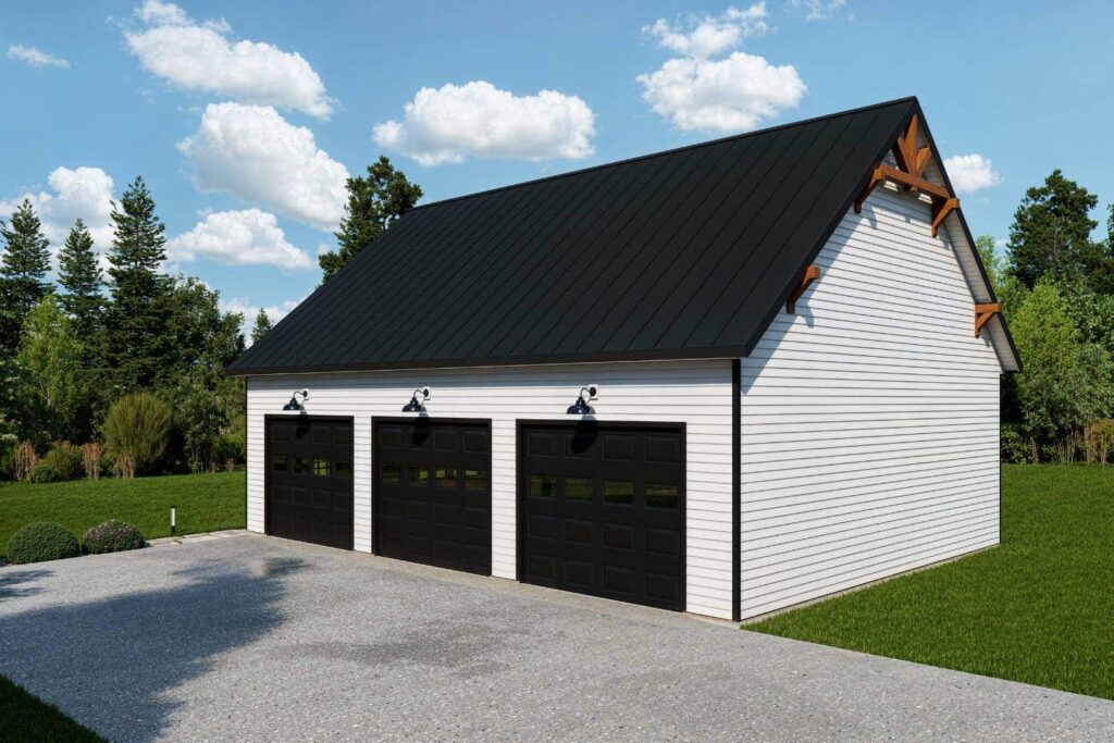 Elite series garage in white with three brown garage doors with black roof and lights on driveway