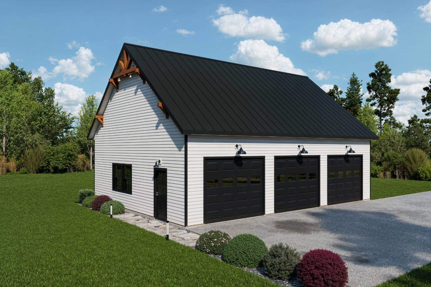 Elite series garage in white with three brown garage doors with black roof and lights on driveway
