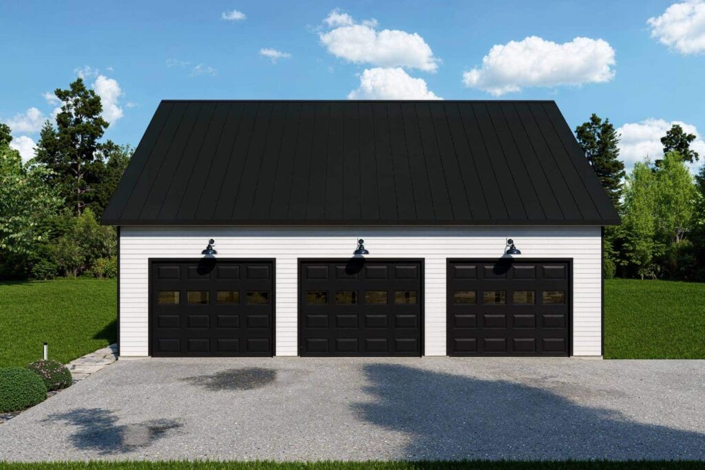Elite series garage in white with three brown garage doors with black roof and lights on driveway