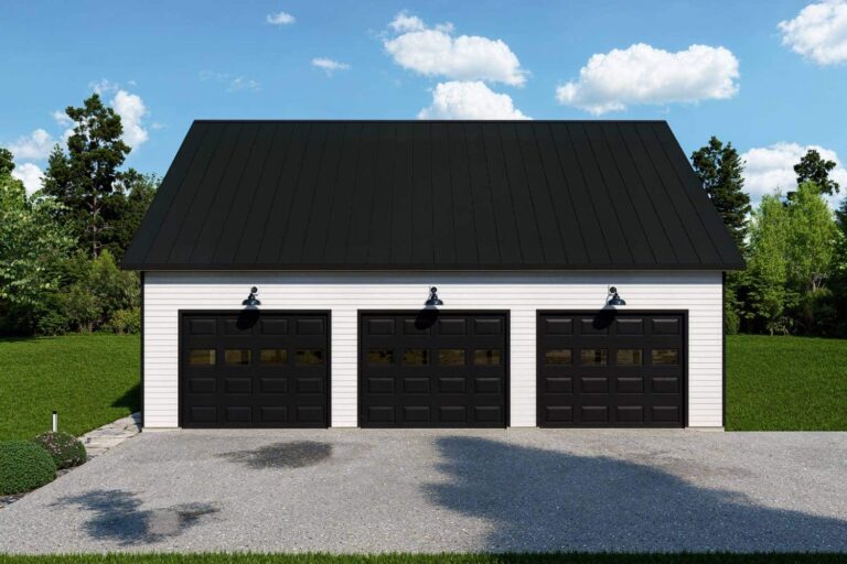 Elite series garage in white with three brown garage doors with black roof and lights on driveway