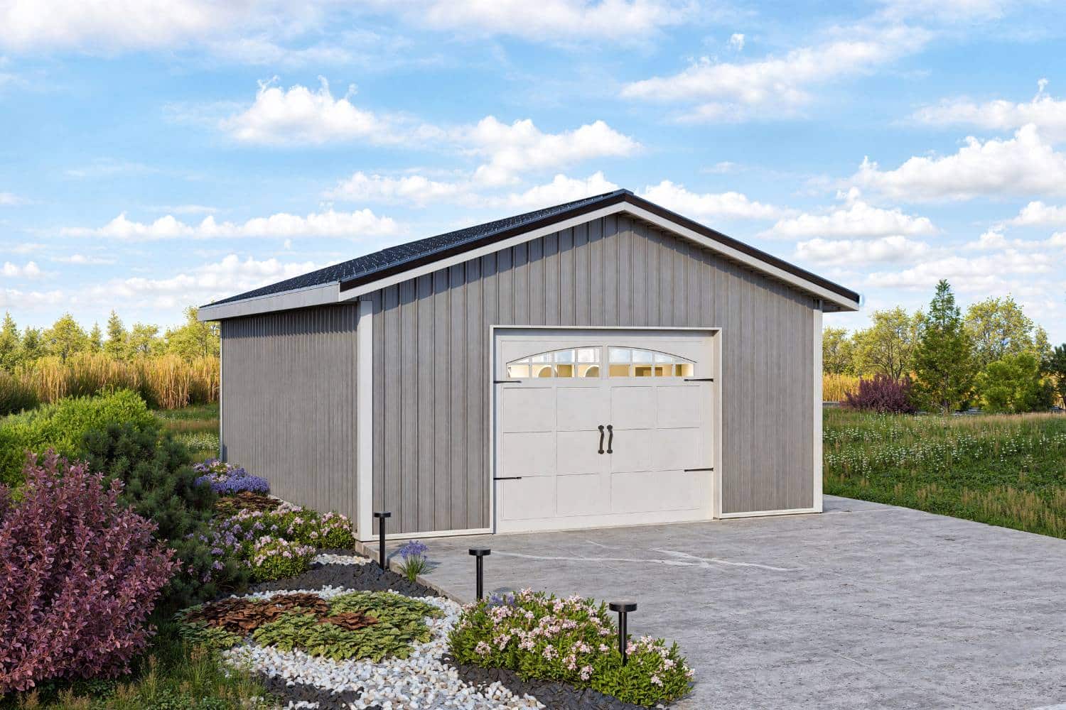 Value series one-car garage in driveway with landscaping