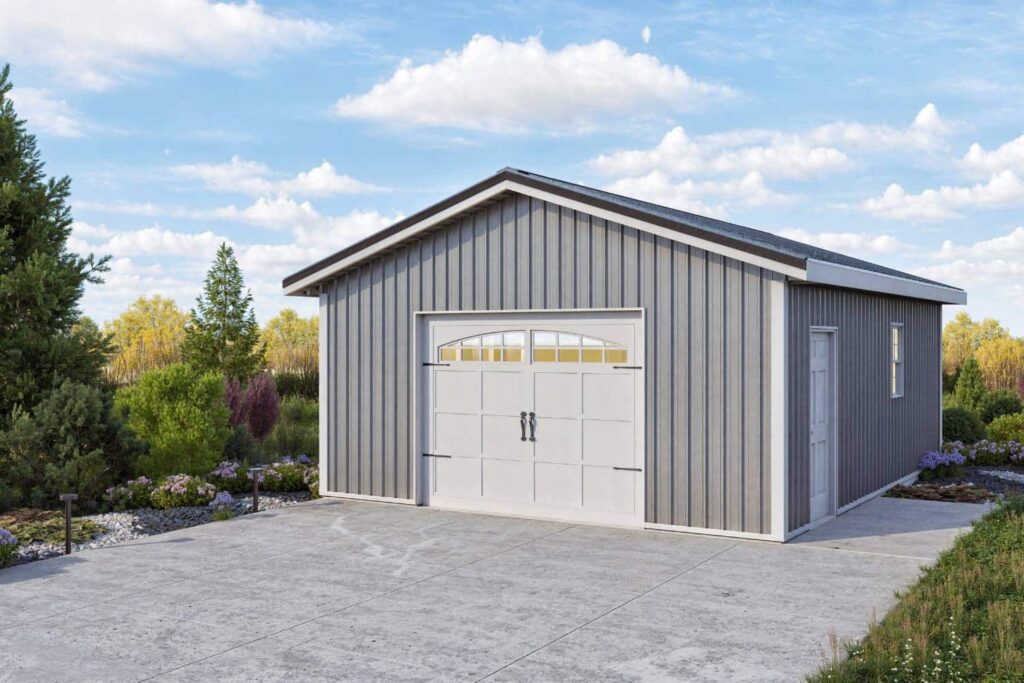 Right corner of grey value series one-car garage with surrounding trees and on driveway